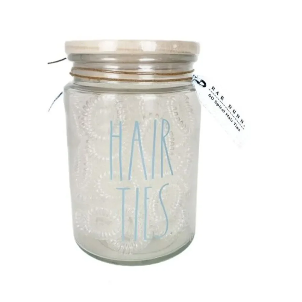 NWT Rae Dunn Hair Ties Jar Blue Daisy Lid with 60 Count Spiral Hair Ties